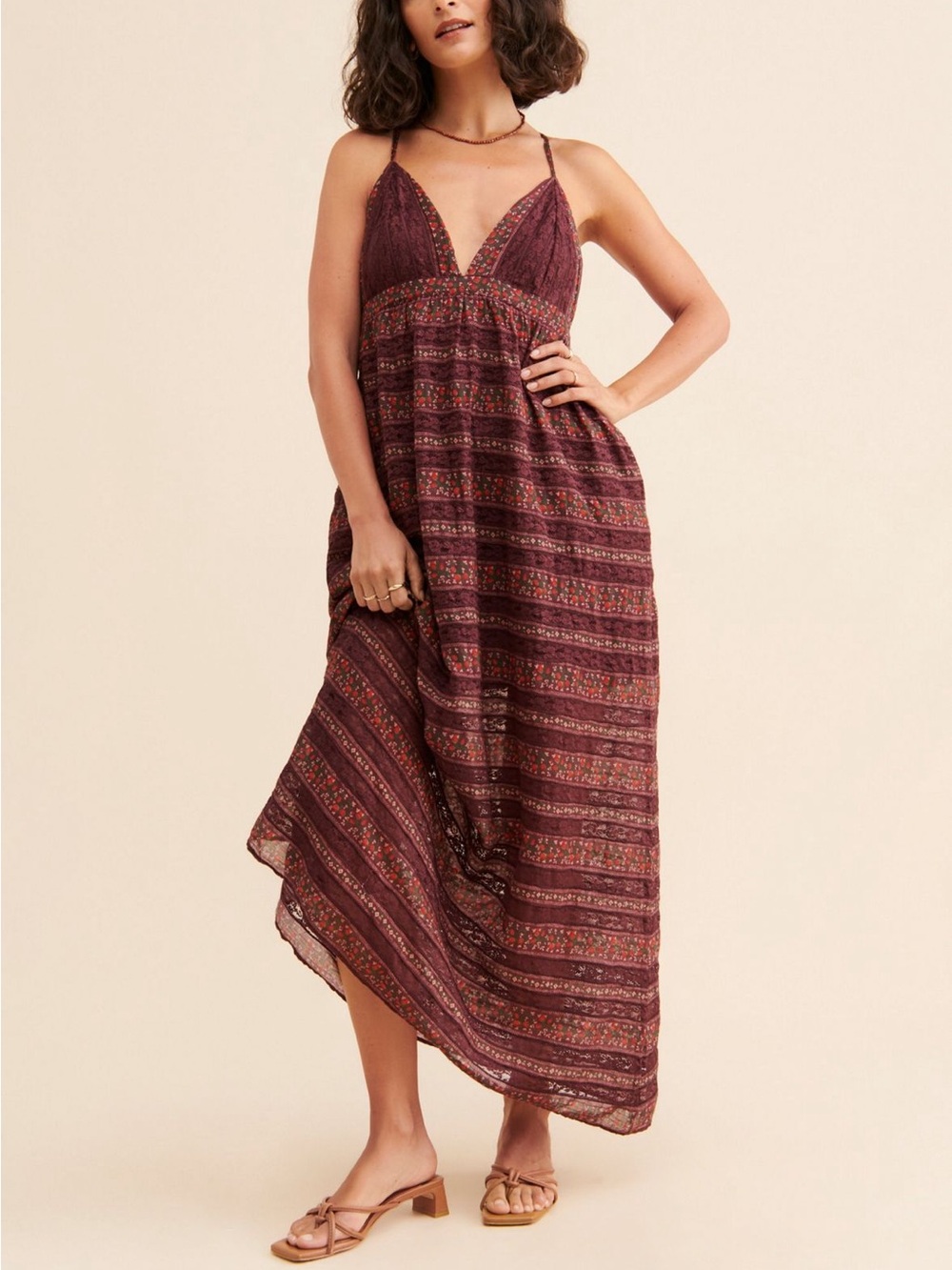 Free People Strappy Boho Maxi Dress in Wine Red